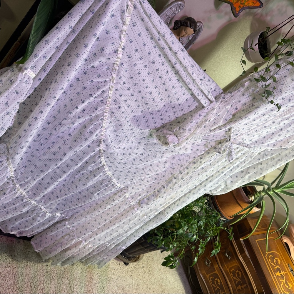 Gunne Sax Vintage 70s White Floral Maxi Prairie Dress w/ Sheer Bell Sleeves